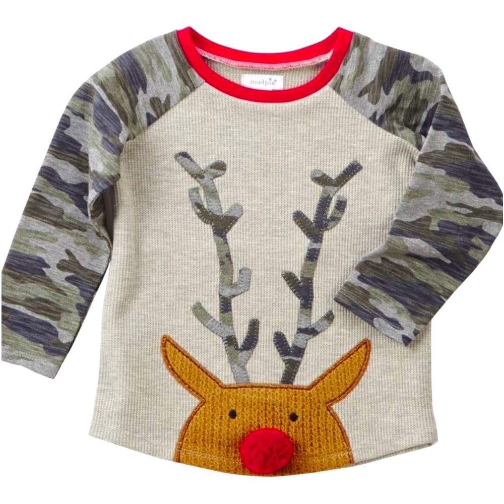 Mud Pie waffle raglan with reindeer applique 12-18m nwt